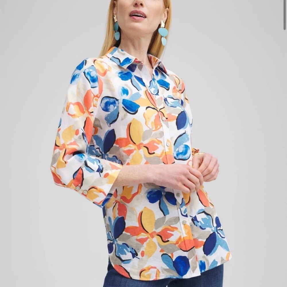 Chico's Linen No Iron Vibrant Floral Button-Down Shirt Size Small